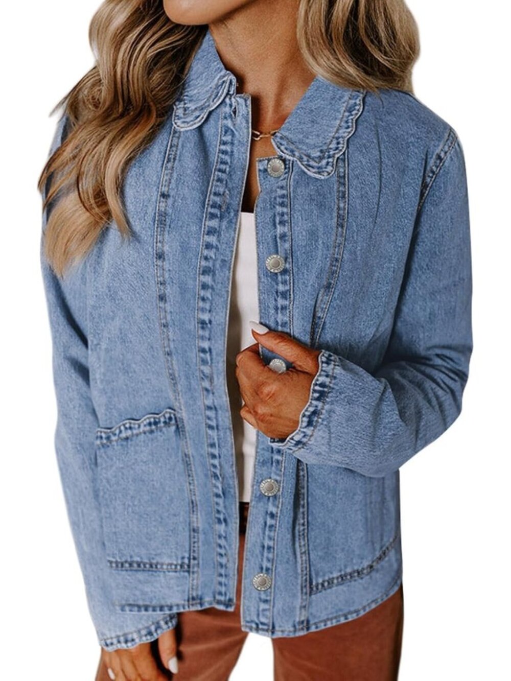 Women's Iceland Blue Long Sleeve Button Down Denim Casual Jean Jacket Shacket